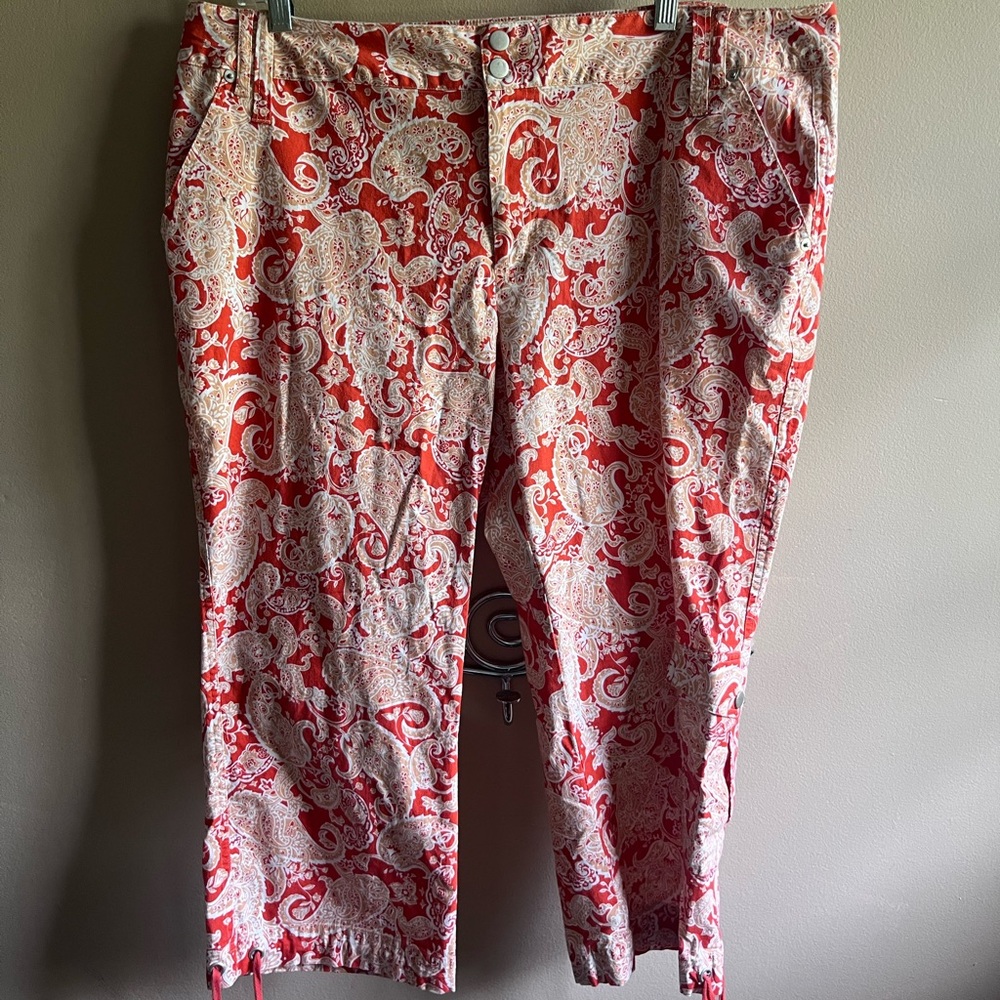 Cold water Creek orange paisley crop pants with ankle ties.  Fun! 20W.  No flaws